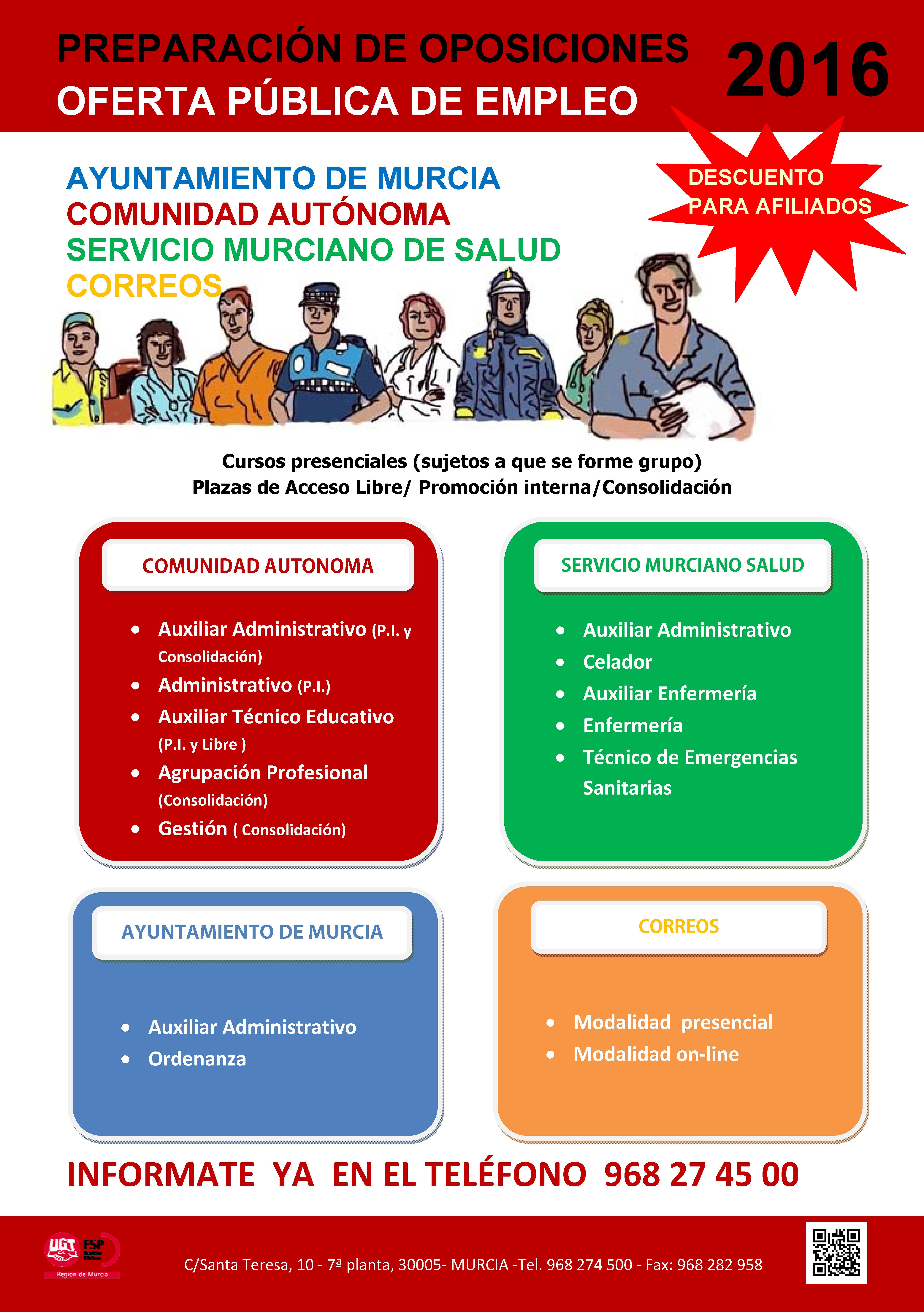  Cursos preparación Oferta de Empleo Público 2016 para Comunidad Autónoma, SMS, Ayuntamiento de Murcia y Correos