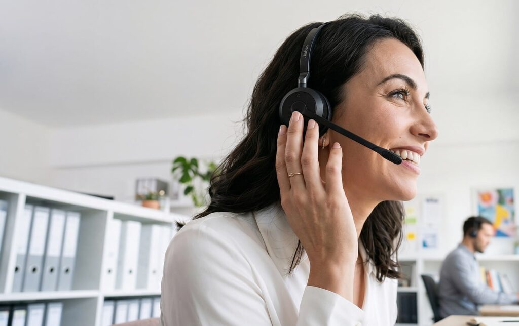 office, headset, smiling woman, headset microphone, workplace, interaction, call center, conversation, professional, communication, customer service, woman, smile, white shirt, satisfaction, working, happy worker, administrative, telephone call